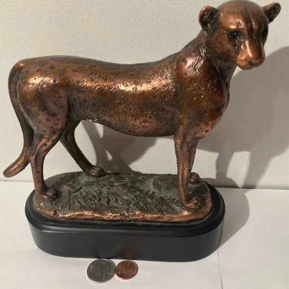 Vintage Copper Metal Statue Sculpture Leopard, Big Cat, Wildlife, Heavy Duty, 9"